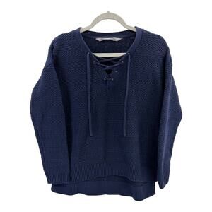 Oversized Navy Blue Lace-Up Knit Sweater Size XXS |Textured Long Sleeve Pullover
